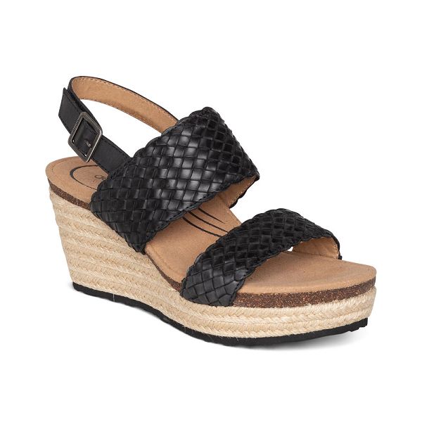 Aetrex Women's Summer Woven Quarter Strap Wedge Sandals - Black | USA YXVU95D